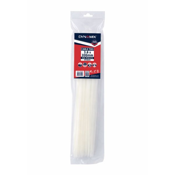 DYNAMIX 3.6 x 300mm Natural Cable Ties Pack of 100 180N/18.3kgs Tensile Strength