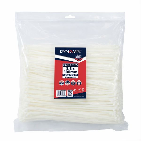 DYNAMIX 3.6 x 300mm Natural Cable Ties Pack of 1000 180N/18.3kgs Tensile Strength