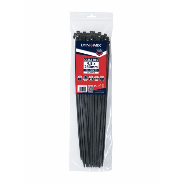 DYNAMIX 4.8 x 280mm UV Black Cable Ties Pack of 100 230N/23.4kgs Tensile Strenght
