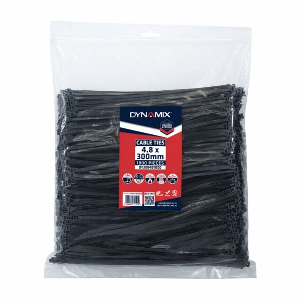 DYNAMIX 4.8 x 300mm UV Black Cable Ties Pack of 1000 230N/23.4kgs Tensile Strength