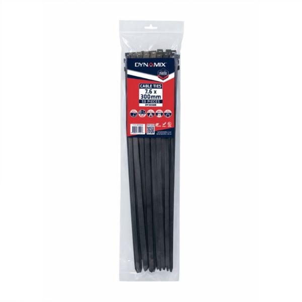DYNAMIX 7.6 x 300mm UV Black Cable Ties Pack of 50 540N/55.1kgs Tensile Strength
