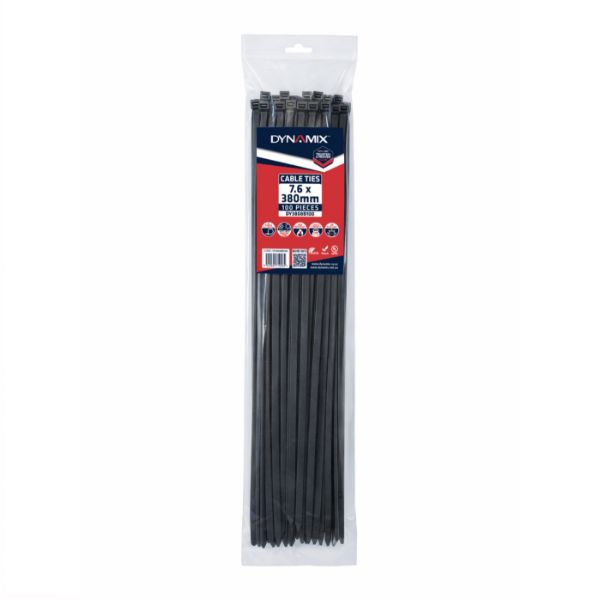 DYNAMIX 7.6 x 380mm UV Black Cable Ties Pack of 100 540N/55.1kgs Tensile Strenght