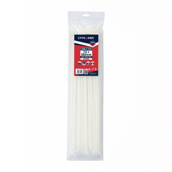 DYNAMIX 7.6 x 380mm Natural Cable Ties Pack of 100 540N/55.1kgs Tensile Strength
