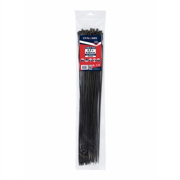 DYNAMIX 4.8 x 430mm UV Black Cable Ties Pack of 50 230N/23.4kgs Tensile Strenght