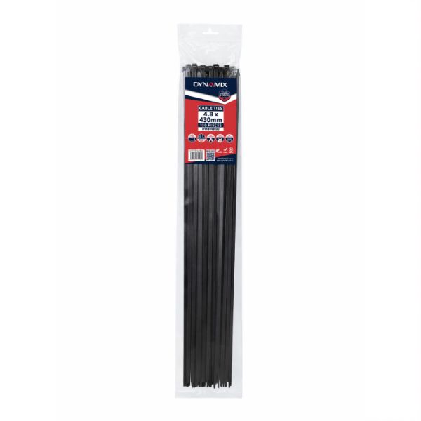 DYNAMIX 4.8 x 430mm UV Black Cable Ties Pack of 100 230N/23.4kgs Tensile Strength