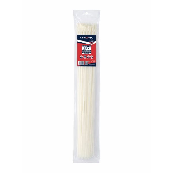 DYNAMIX 7.6 x 450mm Natural Cable Ties Pack of 50 540N/55.1kgs Tensile Strength