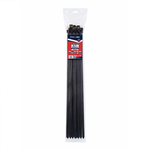 DYNAMIX 12.4 x 580mm UV Black Cable Ties Pack of 25 1200N/122.4kgs Tensile Strength