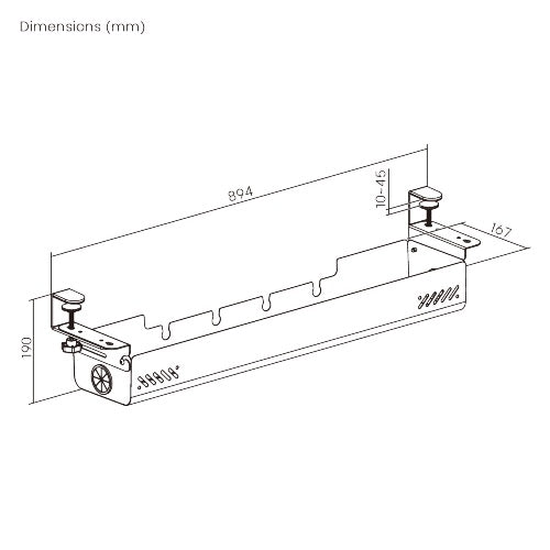 BRATECK Clamp-On Under-Desk Cable Management Tray. Dims: 894×167×190mm