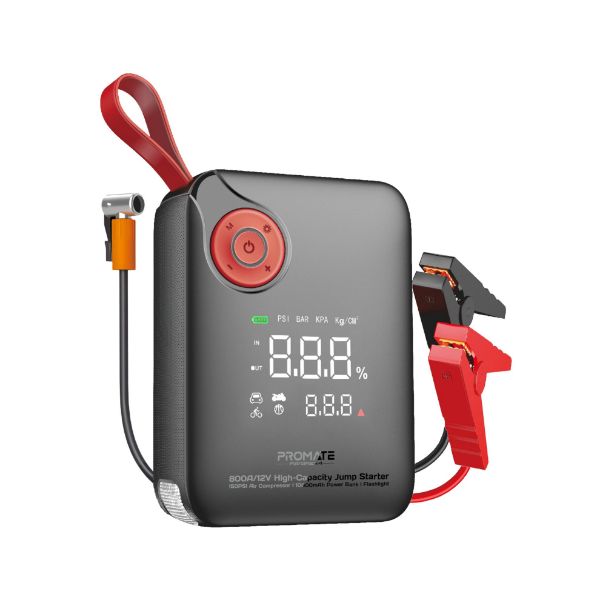 Promate 800A/12V High-Cap Jump Starter 150PSI Air Compressor 10000mAh Power Bank, 210lm LED Torch