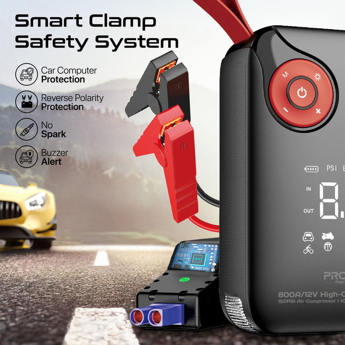 Promate 800A/12V High-Cap Jump Starter 150PSI Air Compressor 10000mAh Power Bank, 210lm LED Torch