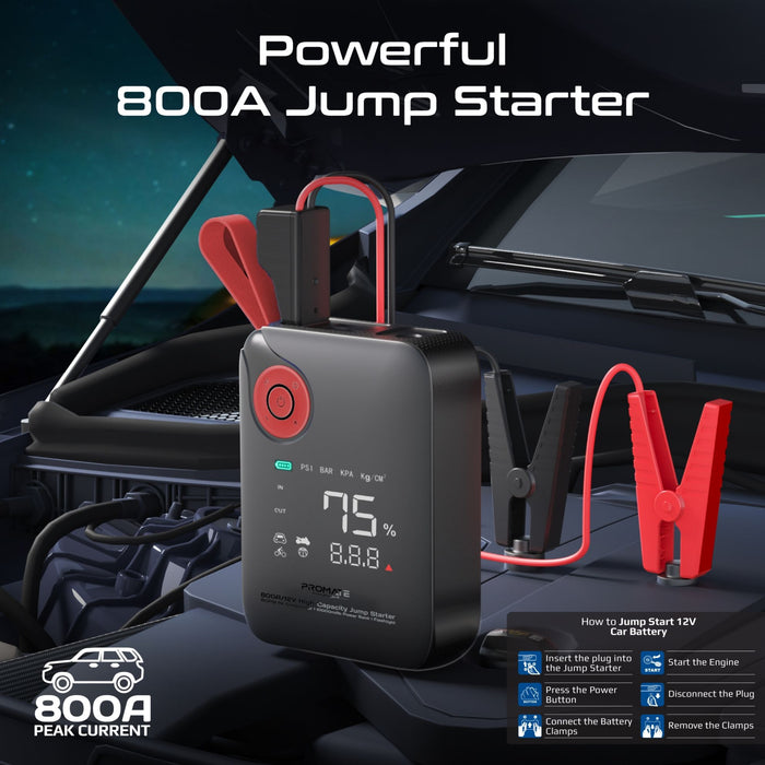 Promate 800A/12V High-Cap Jump Starter 150PSI Air Compressor 10000mAh Power Bank, 210lm LED Torch
