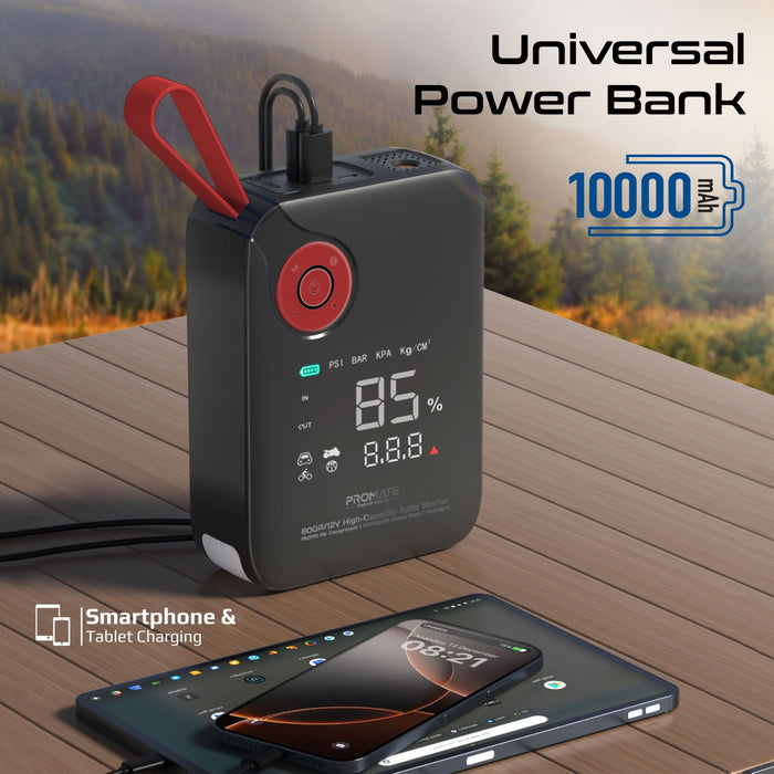 Promate 800A/12V High-Cap Jump Starter 150PSI Air Compressor 10000mAh Power Bank, 210lm LED Torch