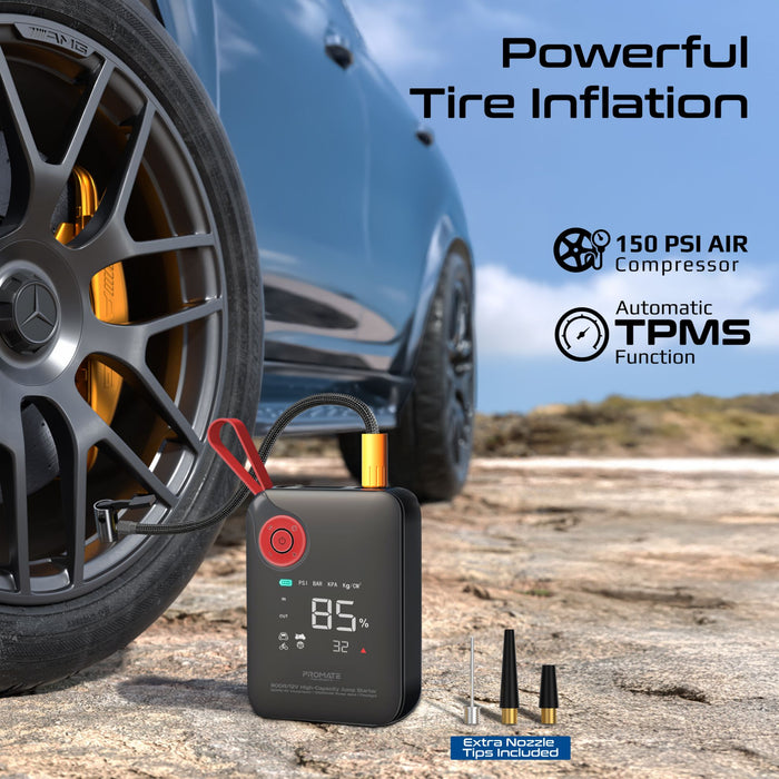 Promate 800A/12V High-Cap Jump Starter 150PSI Air Compressor 10000mAh Power Bank, 210lm LED Torch
