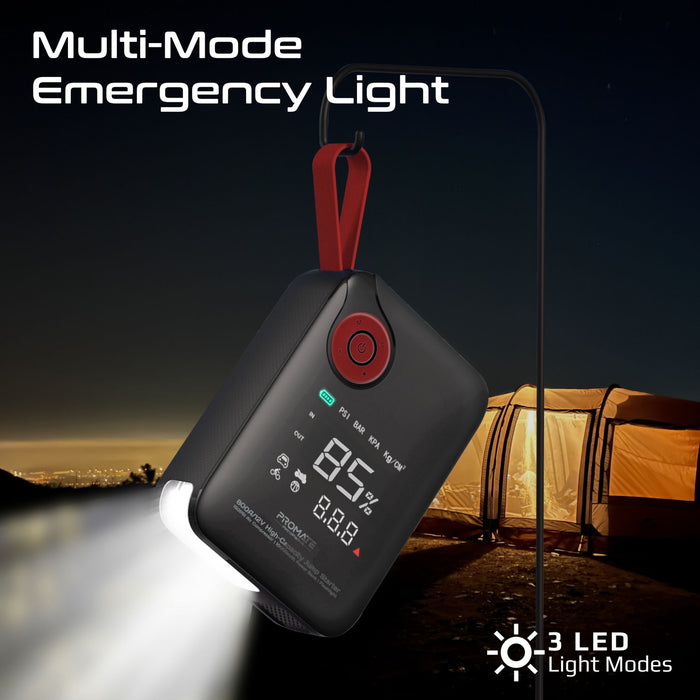 Promate 800A/12V High-Cap Jump Starter 150PSI Air Compressor 10000mAh Power Bank, 210lm LED Torch