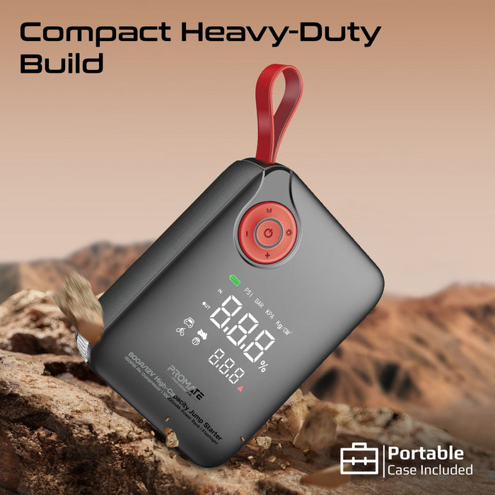 Promate 800A/12V High-Cap Jump Starter 150PSI Air Compressor 10000mAh Power Bank, 210lm LED Torch