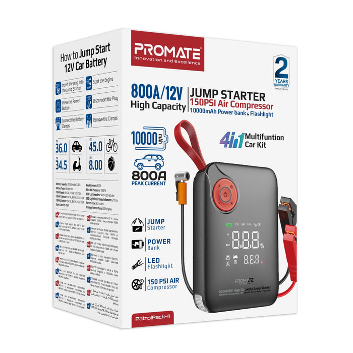 Promate 800A/12V High-Cap Jump Starter 150PSI Air Compressor 10000mAh Power Bank, 210lm LED Torch