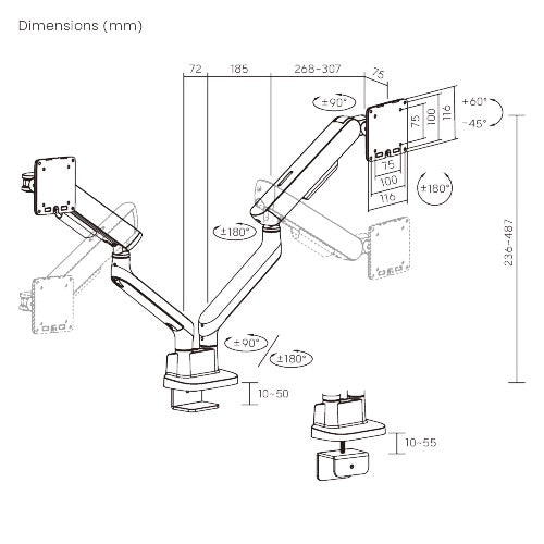 Brateck 17"-35" Elite Dual Screen Mechanical Spring Monitor Arm. Max Load 2x 11Kgs, Black