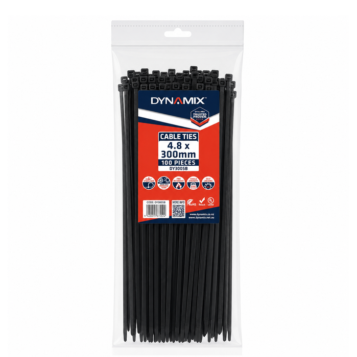 DYNAMIX 4.8x300mm UV black cable ties pack of 100