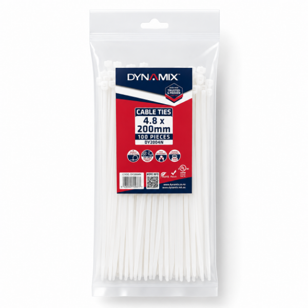 DYNAMIX 4.8 x 200mm Natural Cable Ties Pack of 100 230N/23.4kgs Tensile Strength