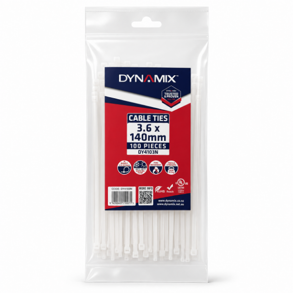 DYNAMIX 3.6 x 140mm Natural Cable Ties Pack of 100 180N/18.3kgs Tensile Strength