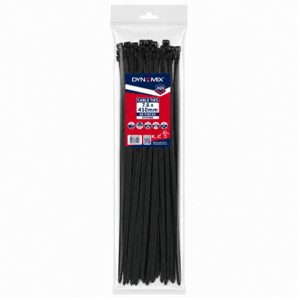 DYNAMIX 7.6 x 450mm UV Black Cable Ties Pack of 50 540N/55.1kgs Tensile Strenght