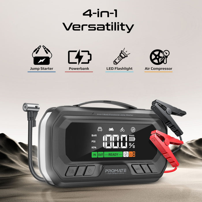 Promate 3000A/12V High-Capacity Jump Starter with 150PSI Air Compress, 16000mAh PB