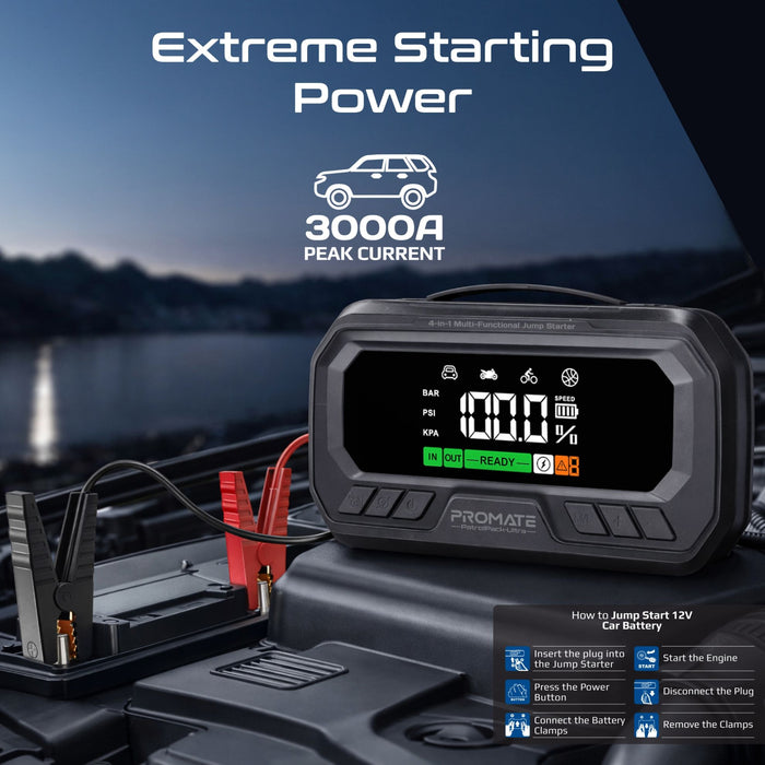 Promate 3000A/12V High-Capacity Jump Starter with 150PSI Air Compress, 16000mAh PB