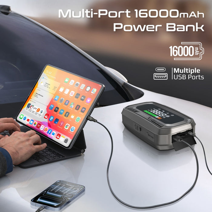 Promate 3000A/12V High-Capacity Jump Starter with 150PSI Air Compress, 16000mAh PB