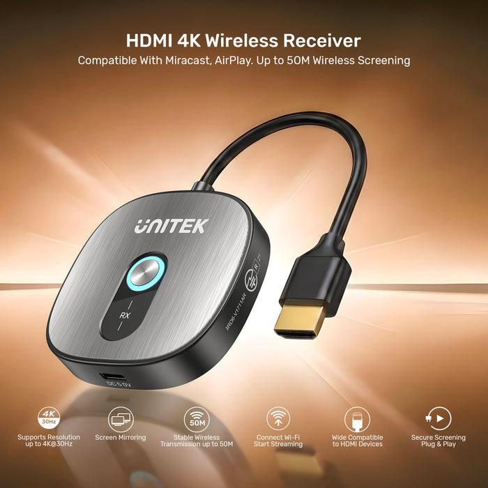 Unitek 4K30Hz Wireless HDMI Receiver Supports HDCP 1.4. Dual Band 50m Transmission