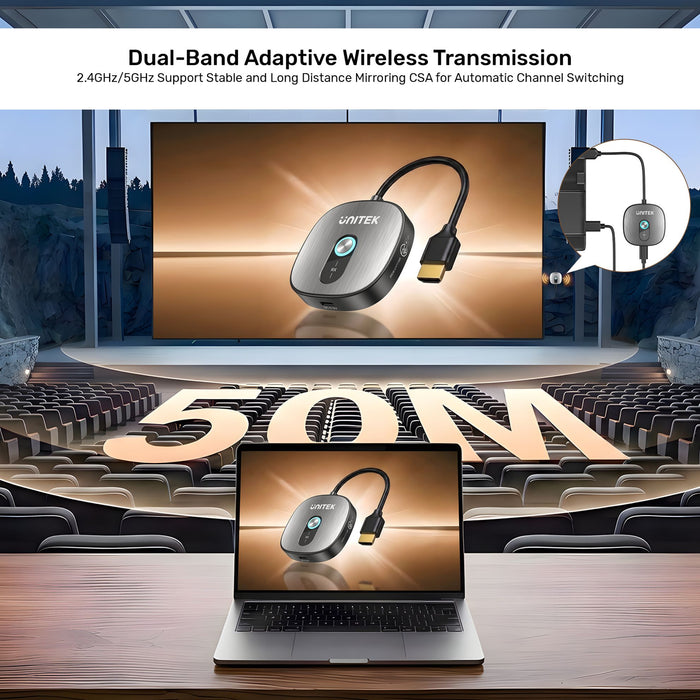 Unitek 4K30Hz Wireless HDMI Receiver Supports HDCP 1.4. Dual Band 50m Transmission
