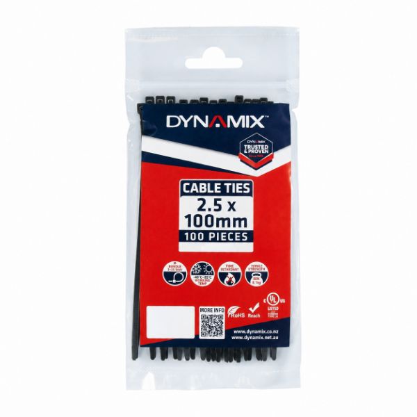 DYNAMIX 2.5 x 100mm UV Black Cable Ties Pack of 100 80N/8.1kgs Tensile Strenght