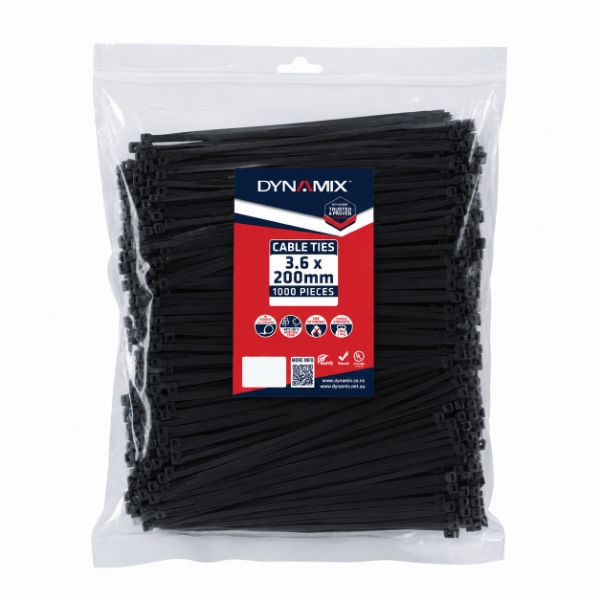 DYNAMIX 3.6 x 200mm UV Black Cable Ties Pack of 1000 180N/18.3kgs Tensile Strength