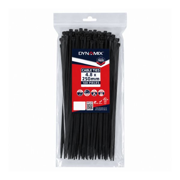 DYNAMIX 4.8 x 250mm UV Black Cable Ties Pack of 100 230N/23.4kgs Tensile Strenght