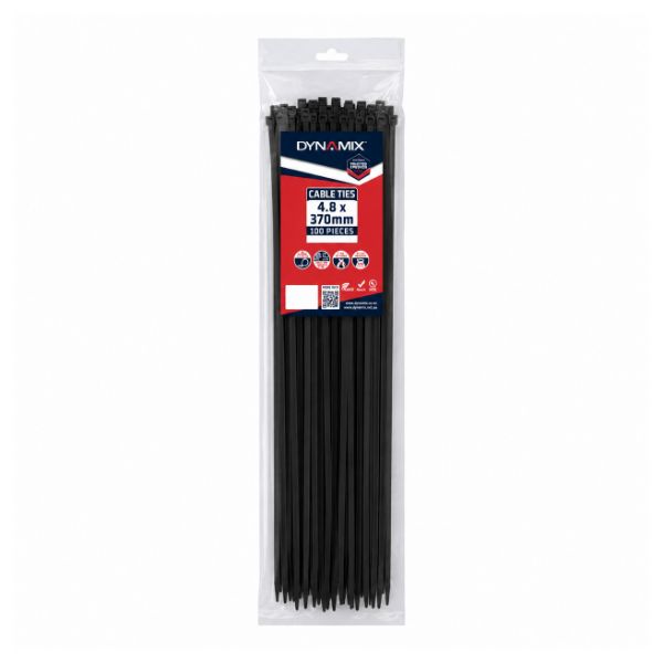DYNAMIX 4.8 x 370mm UV Black Cable Ties Pack of 100 230N/23.4kgs Tensile Strenght