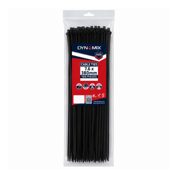 DYNAMIX 7.6 x 380mm UV Black Cable Ties Pack of 50 540N/55.1kgs Tensile Strenght