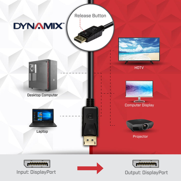 DYNAMIX 7.5m DisplayPort v1.2 Cable w/ Gold Shell Connectors DDC Compliant 4K60hz