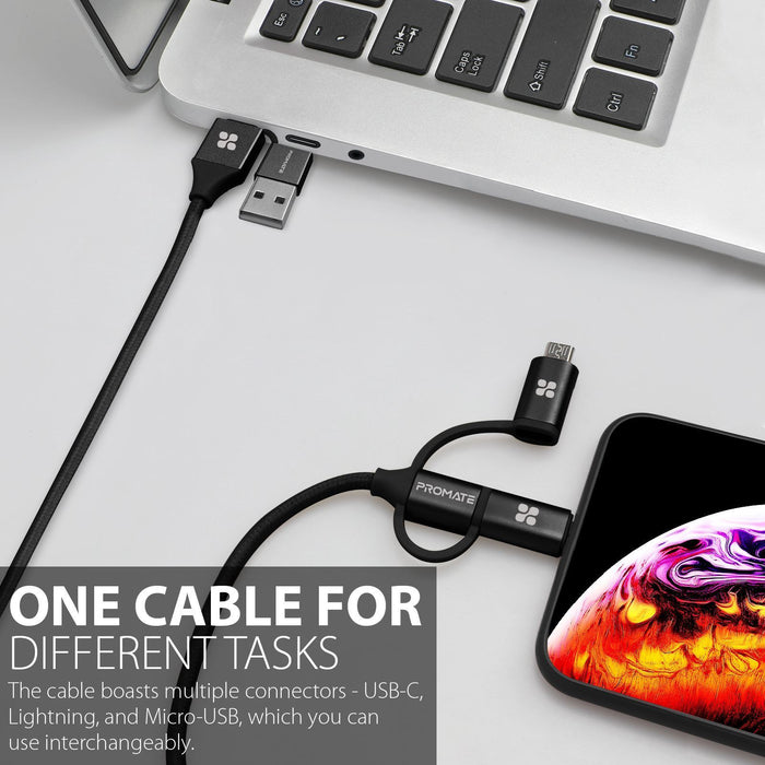 Promate 6-in-1 Hybrid 1.2m Multi Connector Cable for Charging & Data Transfer. 60W PD