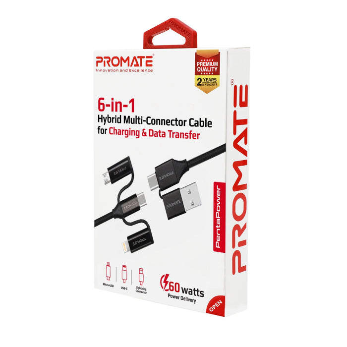 Promate 6-in-1 Hybrid 1.2m Multi Connector Cable for Charging & Data Transfer. 60W PD