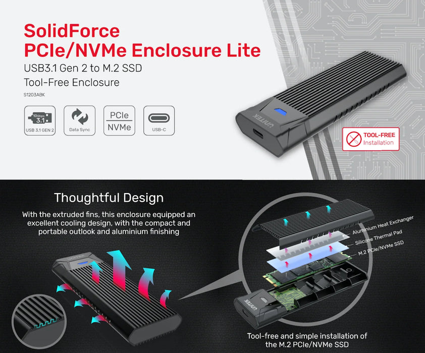 UNITEK USB 3.1 Gen2 to M.2 SSD Tool-Free (PCIe/NVMe) Enclosure. SuperSpeed 10Gbp - LX2001 - Homewares, Outdoor, Phone Accessories, Cases, Speakers, Headphones + More -