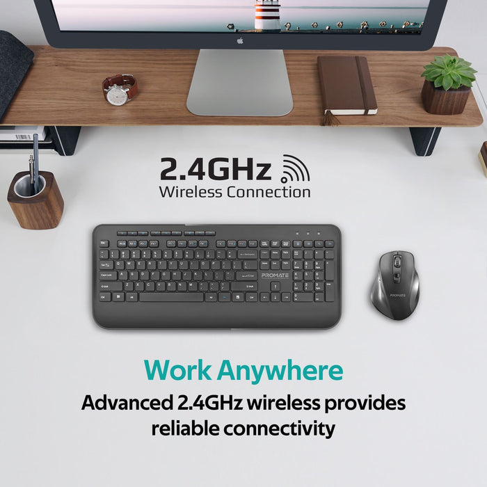PROMATE Wireless Ergonomic Keyboard & Contoured Mouse. Sleek Tactical Full Size