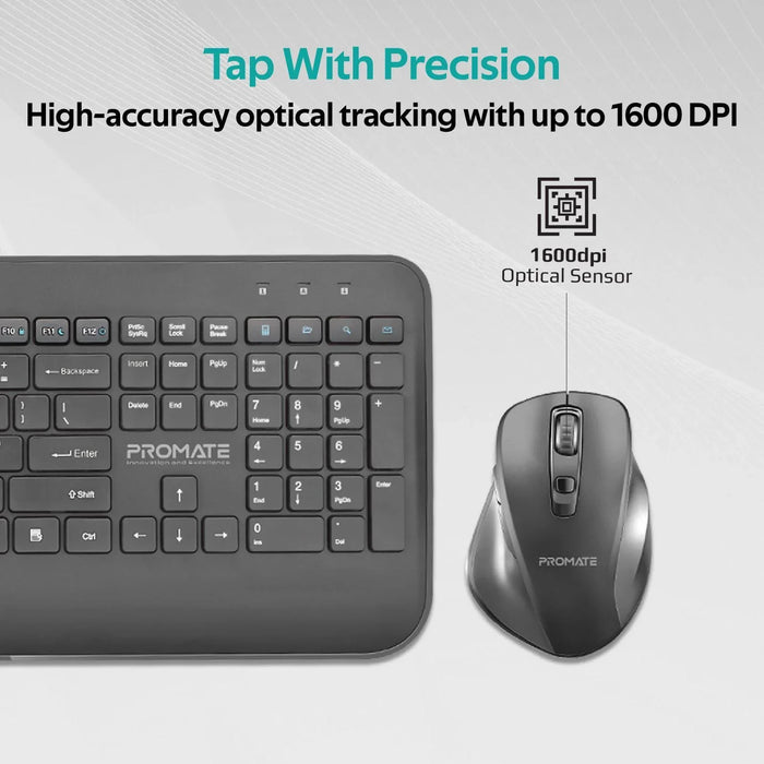 PROMATE Wireless Ergonomic Keyboard & Contoured Mouse. Sleek Tactical Full Size - LX2001 - Homewares, Outdoor, Phone Accessories, Cases, Speakers, Headphones + More -