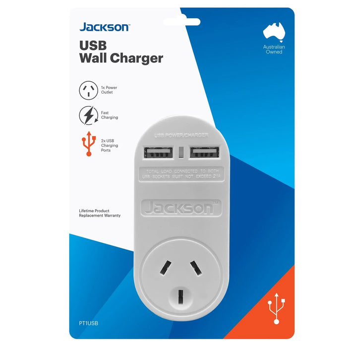 JACKSON Single Plug USB Wall Charger, 2x USB Charging Outlets (2.1A total) - LX2001 - Homewares, Outdoor, Phone Accessories, Cases, Speakers, Headphones + More -