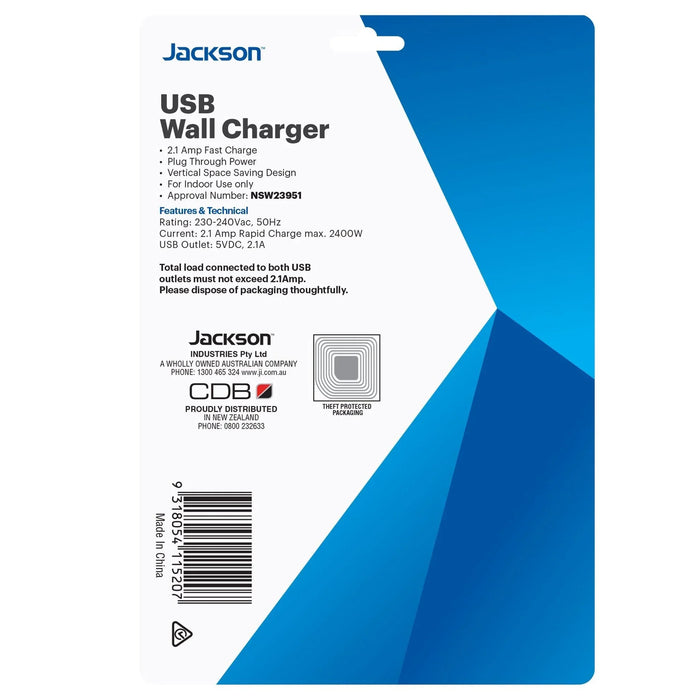 JACKSON Single Plug USB Wall Charger, 2x USB Charging Outlets (2.1A total) Power - LX2001 - Homewares, Outdoor, Phone Accessories, Cases, Speakers, Headphones + More -