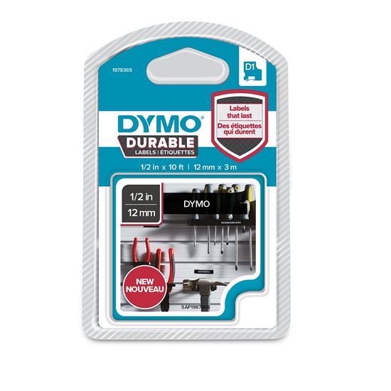 DYMO Genuine D1 Extra-Strength Durable Labels. 12mm x 3m white on Black. Stronge