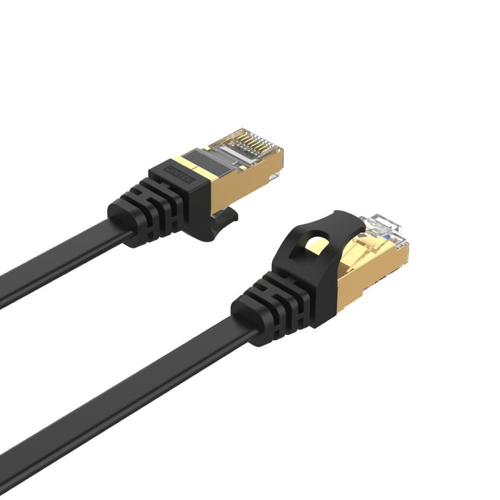 Unitek 20m CAT7 Black Flat SSTP 32AWG Patch Lead in PVC Jacket 500MHz Gold-plated Contacts