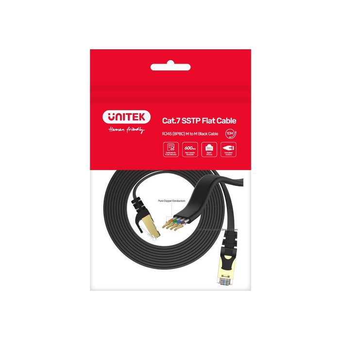 Unitek 20m CAT7 Black Flat SSTP 32AWG Patch Lead in PVC Jacket 500MHz Gold-plated Contacts