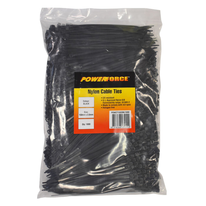 POWERFORCE 3.6 x 150mm Black UV Cable Ties Pack of 1000 18kgs Tensile Strength