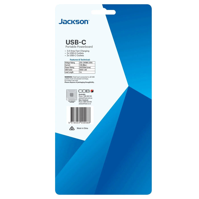 JACKSON 3.4A Portable Powerboard 2x USB & 2x USB-C Ports Plus 1x 3-Pin Socket - LX2001 - Homewares, Outdoor, Phone Accessories, Cases, Speakers, Headphones + More -