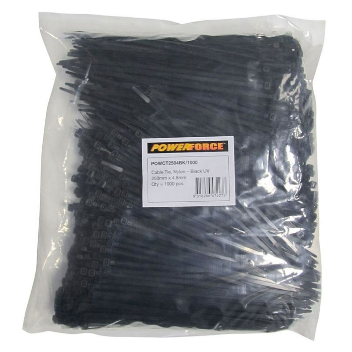POWERFORCE 4.8 x 250mm Black UV Cable Ties Pack of 1000 22kgs Tensile Strength