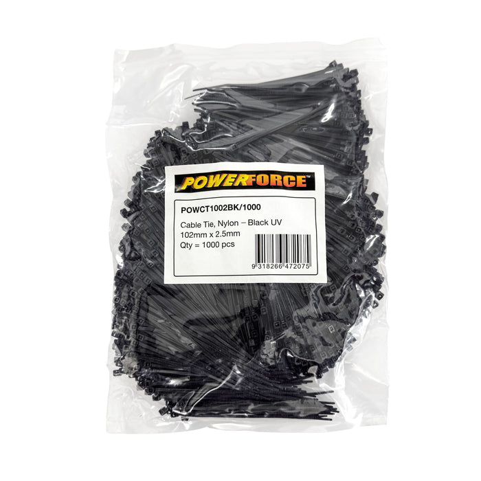 POWERFORCE 2.5 x 102mm Black UV Cable Ties Pack of 1000 8kgs Tensile Strength